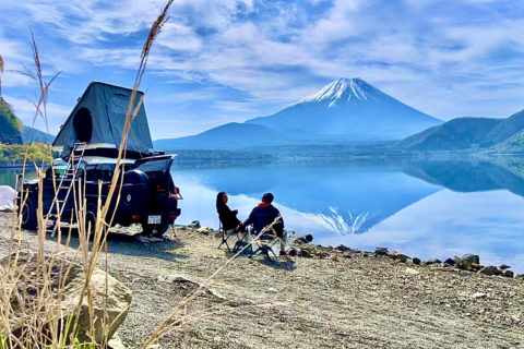 FJ Cruiser Camping Car at Lake Motosuko looking at Mt Fuji