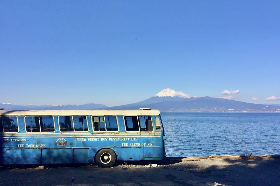 Old Bus in Front of Suruga bay and mt Fuji